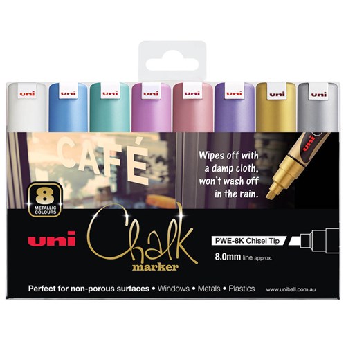 UNI LIQUID CHALK MARKER 8.0MM Chisel Tip Assorted Metallic Pack of 8